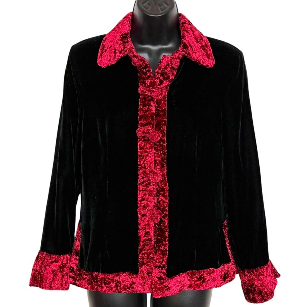 Vtg 90s Suan Yan Velvet Chenille Jacket L ML Black Red Goth Whimsygoth Shacket